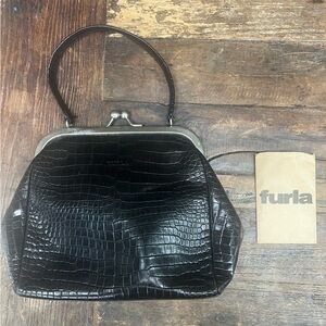 Furla Black Croc-Embossed Twist lock top handle Bag